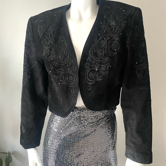 DANIER Black Embroidered Suede Cropped Jacket Vintage Leather Bolero - Picture 3 of 7